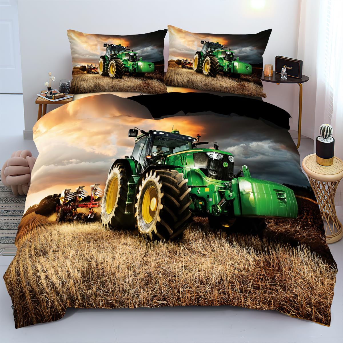 Duvet Cover Twin Kids Green Tractor, Bedding Set Twin for Boys Girls, Soft Microfiber Comforter Cover with Zipper Closure, 3 Pieces (1 Quilt Cover + 2 Pillow Shams, 68x86 Inch)