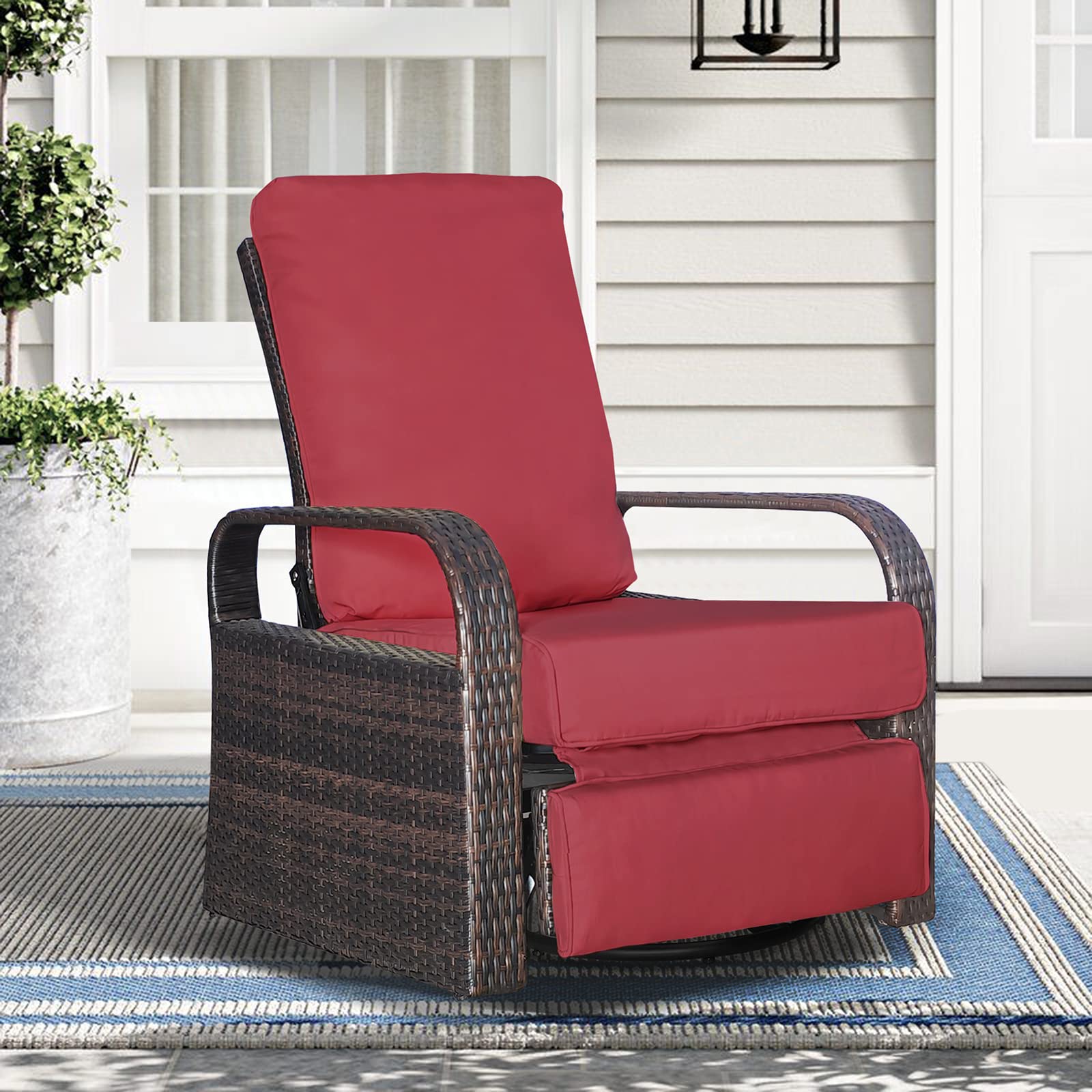 Skypatio Outdoor Swivel Rattan Recliner Chair, Adjustable Backrest Angle Patio Wicker Recliner Lounge Chair with Comfortable Cushions, All-Weather Resin Rattan & Aluminum Frame(Red)