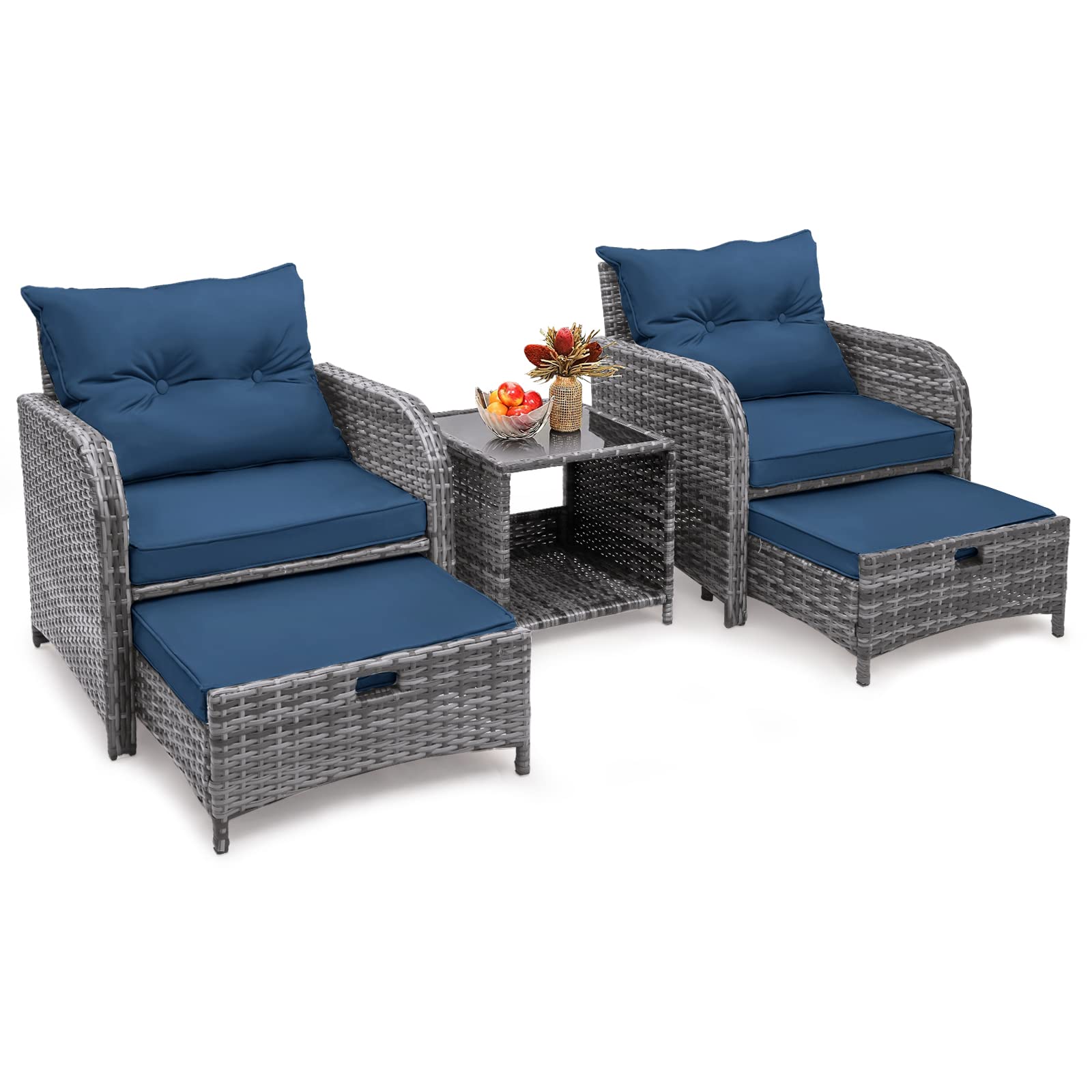 FYRICKYLINOO 5 Pieces Wicker Outdoor Patio Chairs Set with Ottoman, All Weather PE Rattan Patio Conversation Furniture Set Outdoor Furniture Set with Hidden Ottoman for Poolside Garden Balcony, Blue