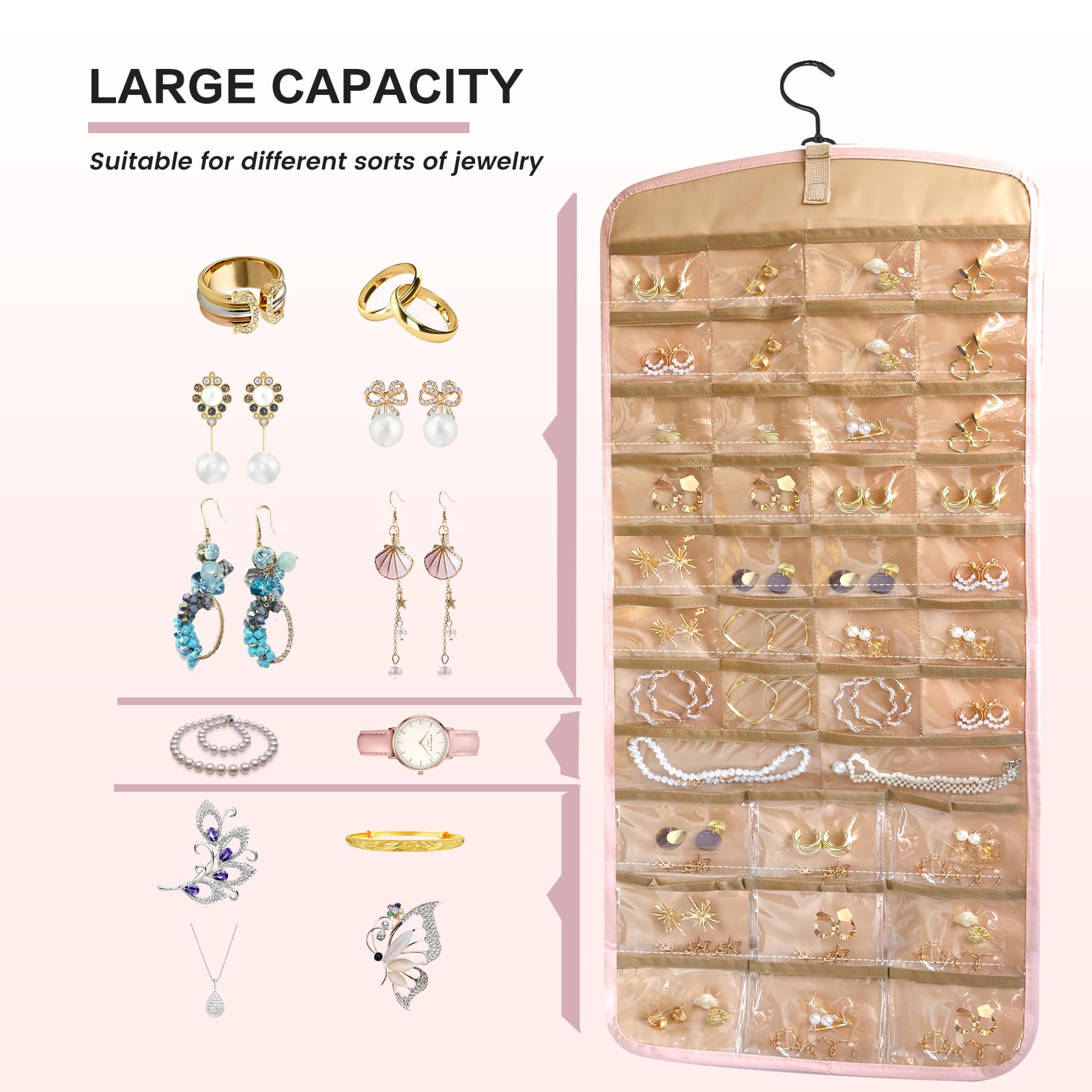 Gurajo Hanging Jewelry Organizer Doubled-sided with Pockets & Hooks for Rings, Earrings, Necklaces, Hair Accessories Storage Roll, Closet Earring Holder Organizer for Wall, Door, Travel, 1 PCS, Pink