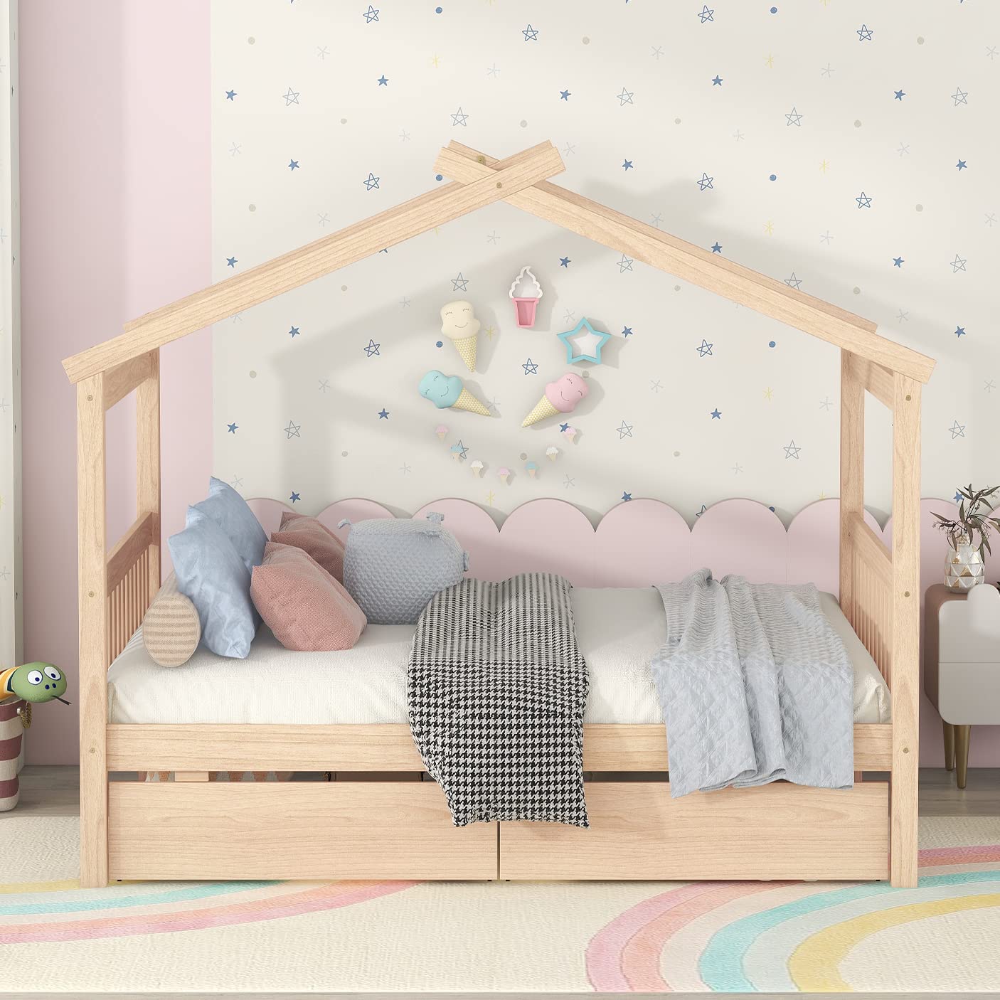 Full Size House Bed with 2 Storage Drawers Wooden Kids Montessori House Bed Frame Wood Playhouse Tent Bed for Girls Boys Teens, Natural