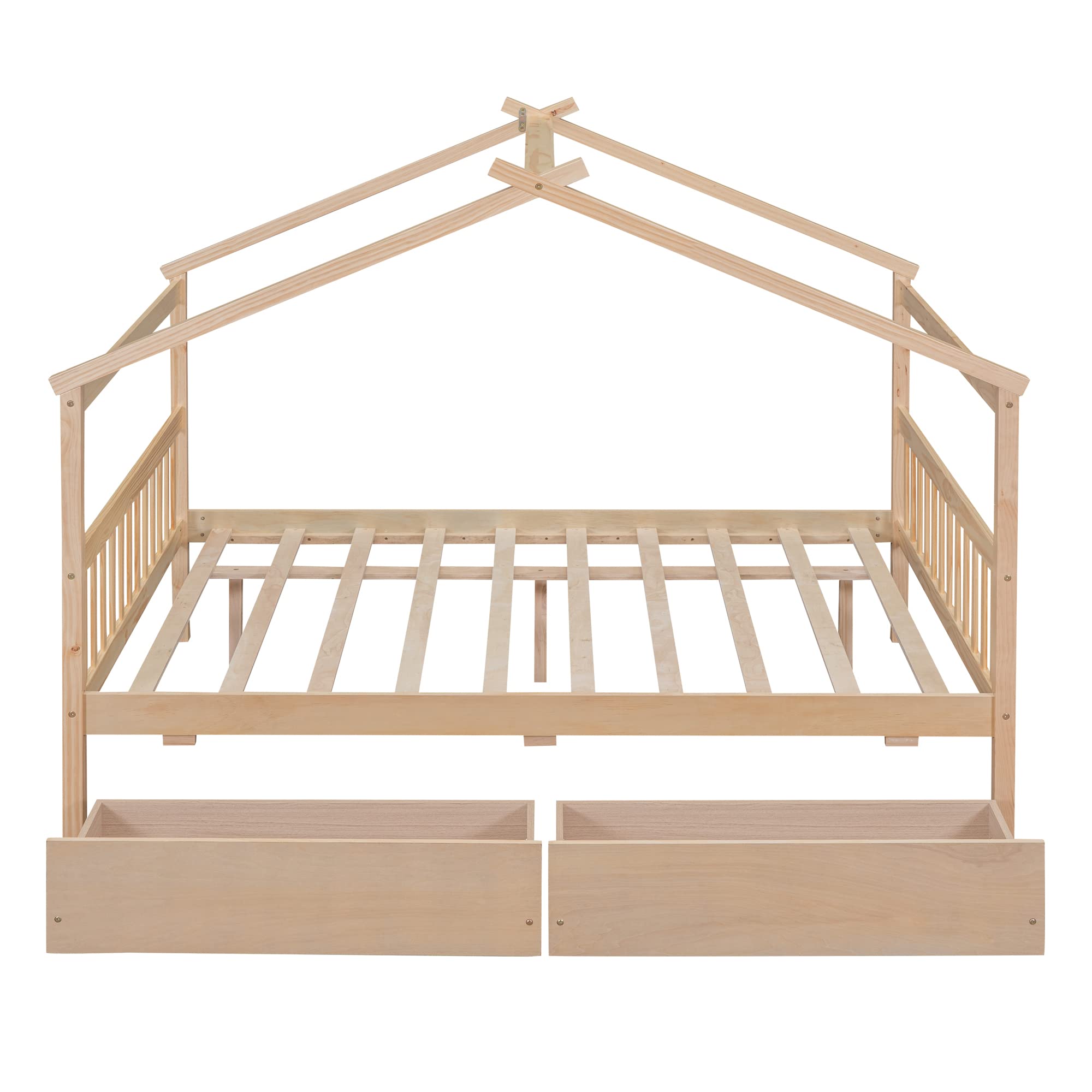 Full Size House Bed with 2 Storage Drawers Wooden Kids Montessori House Bed Frame Wood Playhouse Tent Bed for Girls Boys Teens, Natural