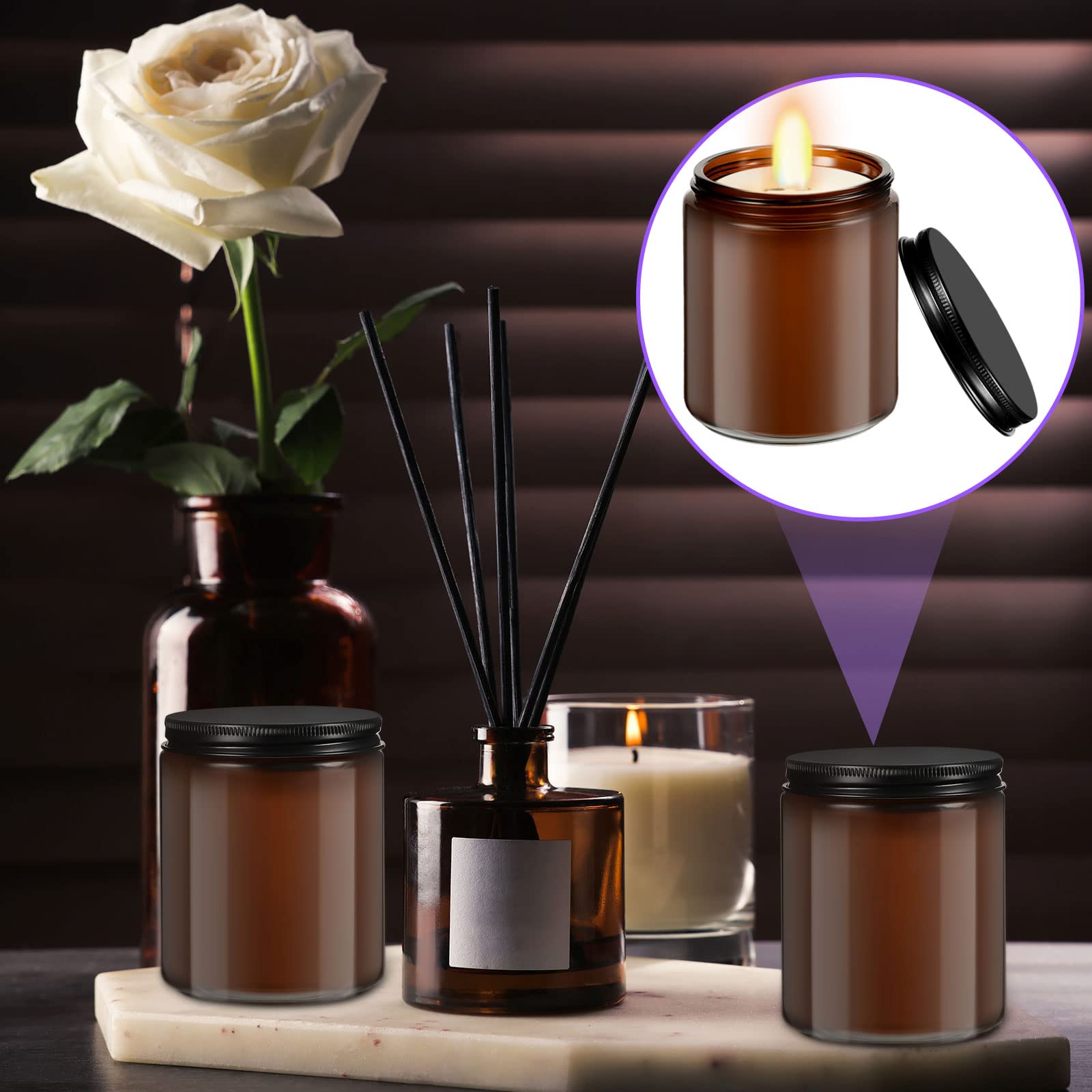 Lallisa 48 Pcs 8 oz Amber Glass Jars with Black Lids Round Glass Cosmetic Jars with Lids Empty Amber Candle Jars Refillable Food Storage Containers Canning Jar for Spice Powder Liquid Sample Makeup