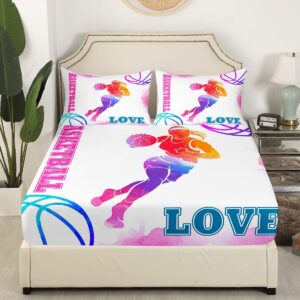 Basketball Lovers Kids Sheet Full Size,Modern Sports Games Competition Bedding Set,Girls Boys Adults Room Decor,Hand Painted Fashion Pink Purple Bed Sheet Set 4pcs(Fitted + Flat + 2 Pillowcases)