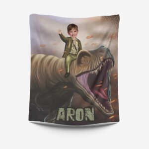 Dinosaur Photo Blanket, Custom Blankets with Your Face, Personalized Photo Gifts for Him, Custom Dino Gift for Boys Men, Kids Photo Blanket, Customized Minky Throw Blanket for Bed Sofa 50 x 60 L71