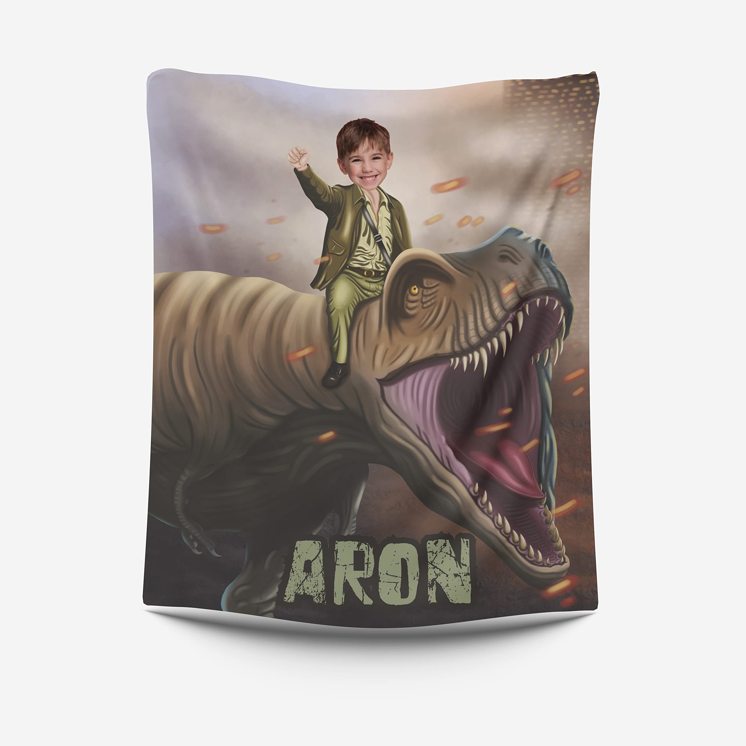 Dinosaur Photo Blanket, Custom Blankets with Your Face, Personalized Photo Gifts for Him, Custom Dino Gift for Boys Men, Kids Photo Blanket, Customized Minky Throw Blanket for Bed Sofa 50 x 60 L71