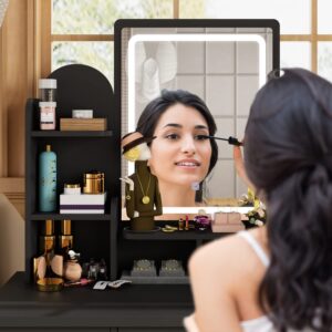 AGOTENI Black Vanity Set with Mirror, Makeup Vanity Dressing Table with Lighted Mirror, 5 Drawers, Shelves, Dresser Desk and Cushioned Stool Set