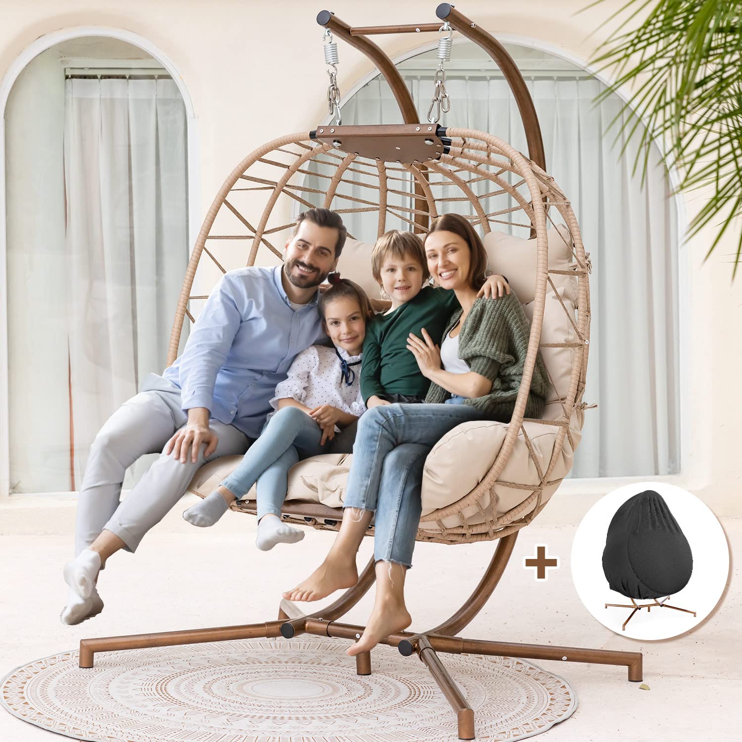 NICESOUL® Indoor Outdoor 2 Person Egg Chair Double Swing Chair with Stand Large Cream Wicker Patio Twins Basket Hanging Egg Chair with Cover 510lbs Capacity for Bedroom Balcony Oversized