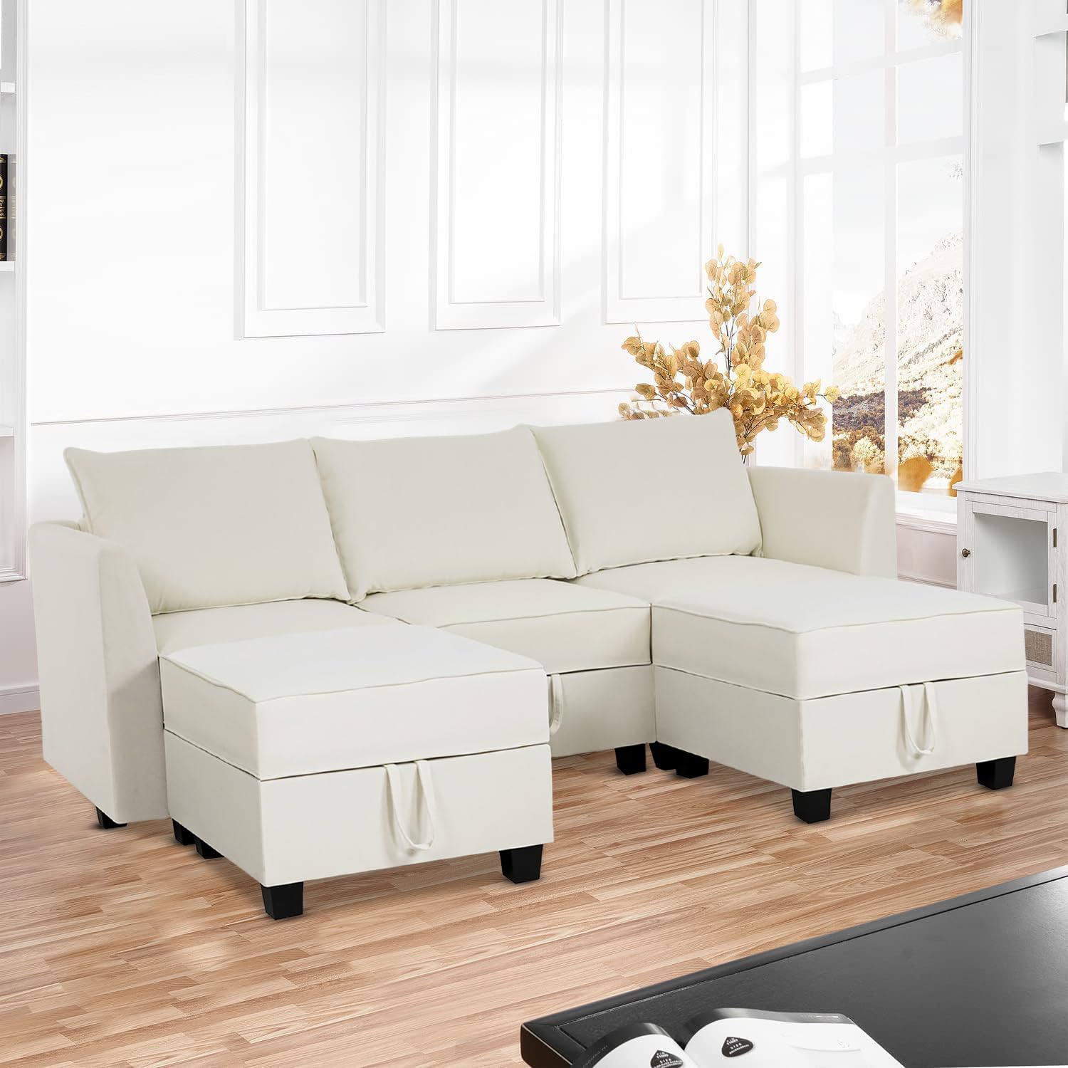 Naomi Home Modular Reversible U-Shaped Sectional Sofa with Double Chaise and Ottomans, Elizabeth Linen Couch with Storage Seats, White