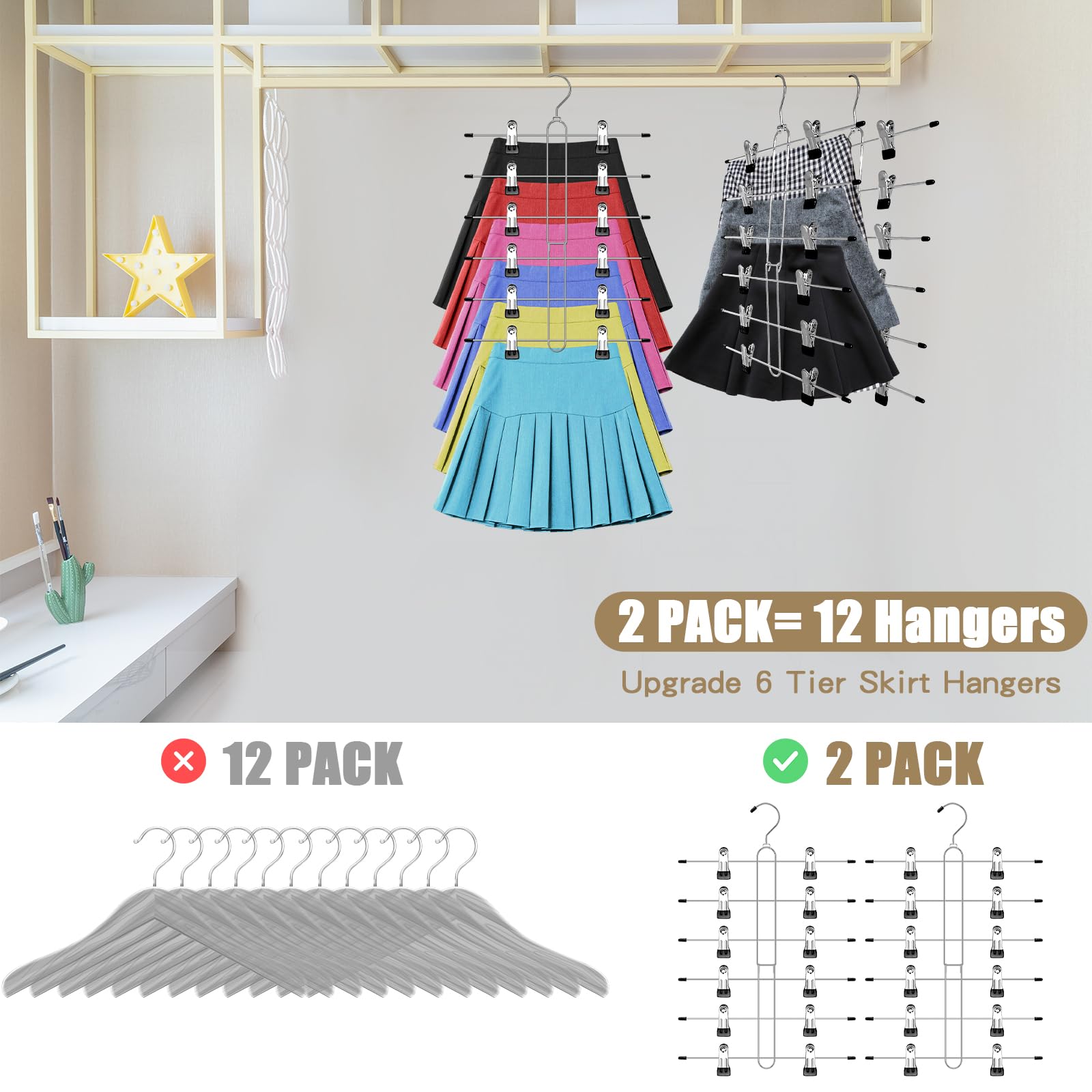 6 Tier Skirt Hangers Space Saving,2 Pack Pants Skirts Hangers with Clips for Women Closet,Non Slip Closet Organizer and Storage Multi Clothes Shorts Hanger Organization Dorm Room Essentials