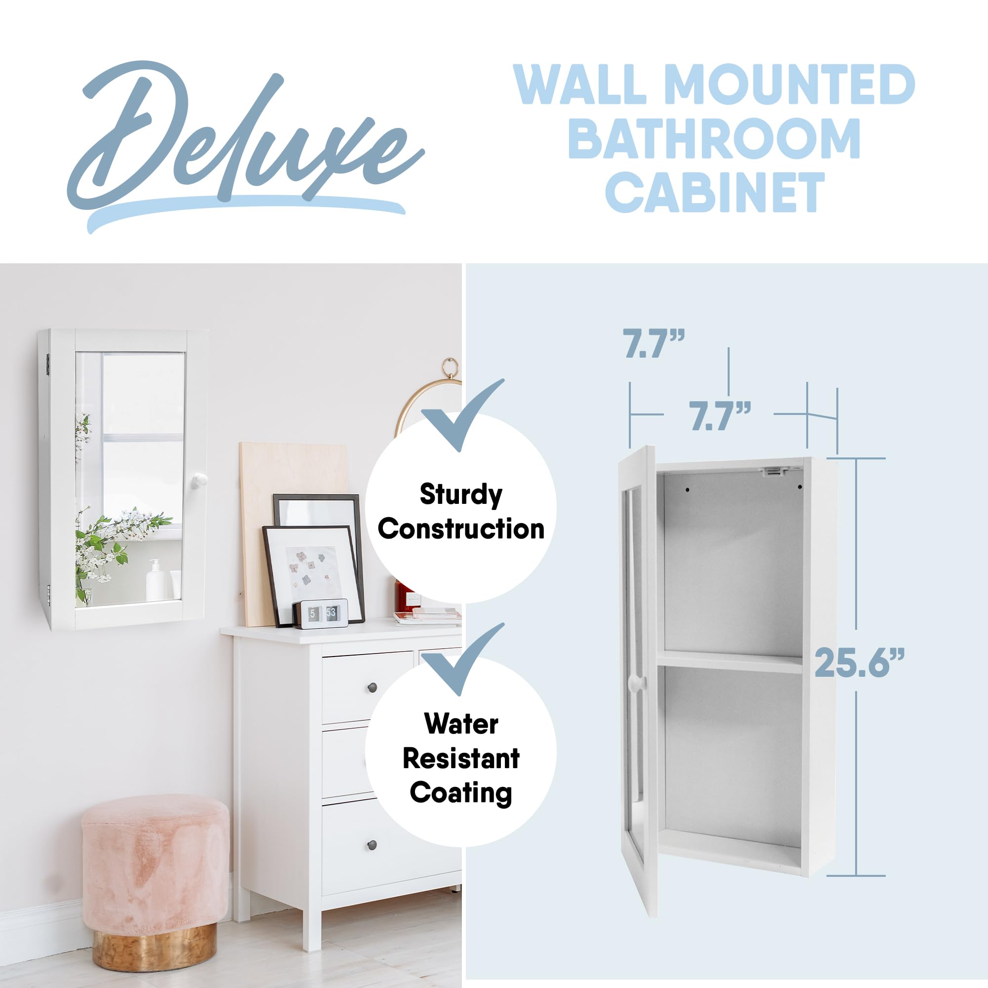 MICRODRY Mirrored Wall Mounted Bathroom Cabinet with Shelves, Stay Closed Magnetized Door, Compact Sylish and Functional Design, Durable and Easy to Assemble, White