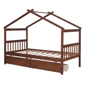 Twin Size House Bed with 2 Storage Drawers Wooden Kids Montessori House Bed Frame Wood Playhouse Tent Bed for Girls Boys Teens, Walnut