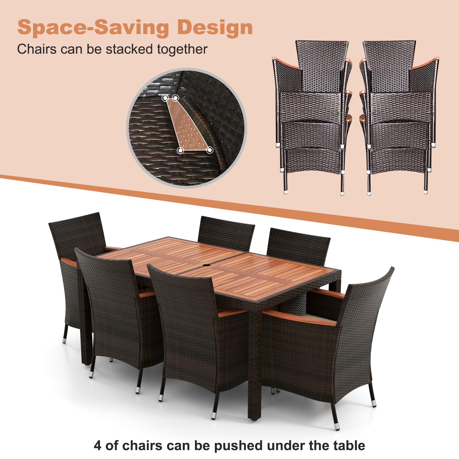 HAPPYGRILL 7 Pieces Rattan Wicker Patio Dining Set, Outdoor Dining Set with Cushions, Large Dining Table with Acacia Wood Top, Outside Dining Furniture Set with Umbrella Hole