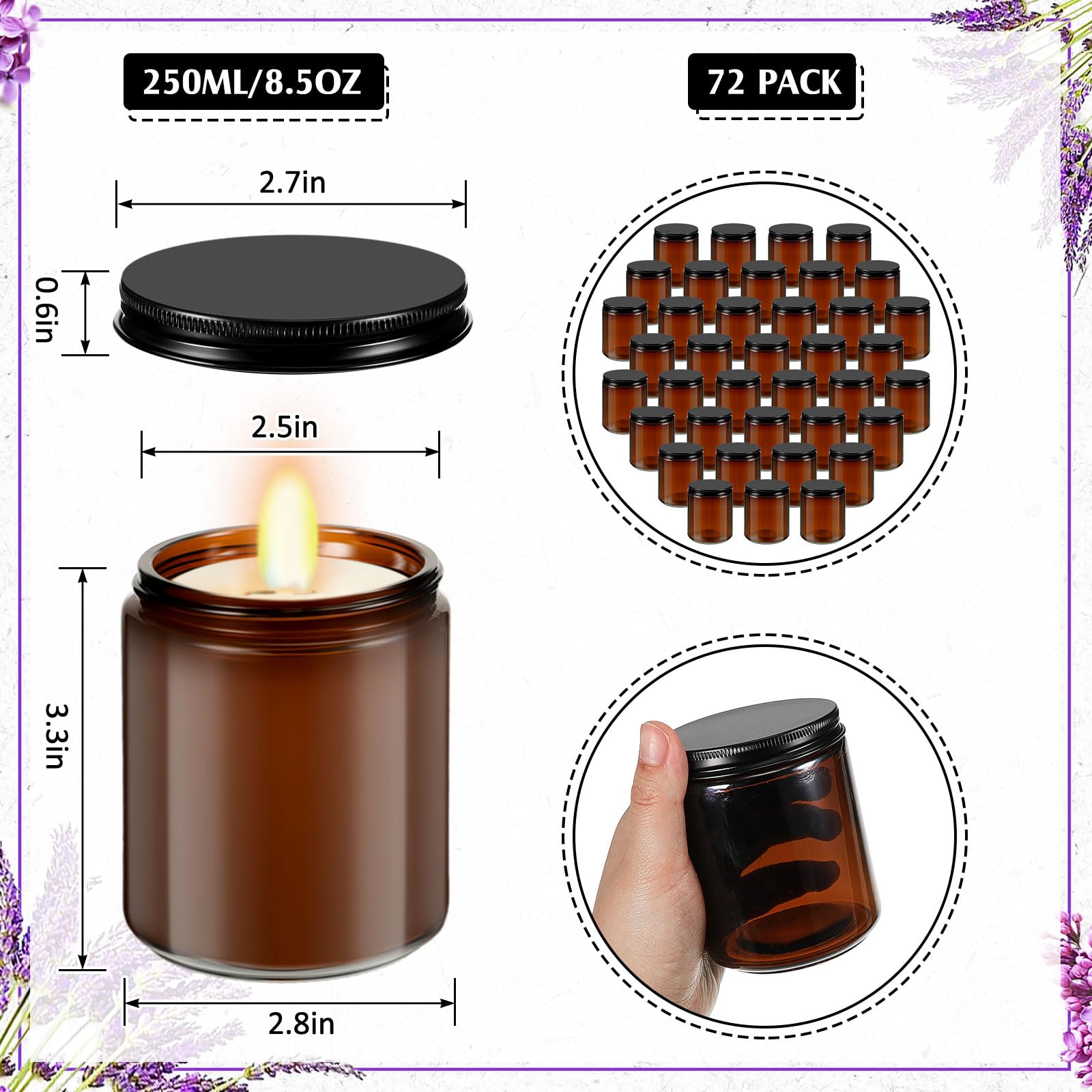 Lallisa 48 Pcs 8 oz Amber Glass Jars with Black Lids Round Glass Cosmetic Jars with Lids Empty Amber Candle Jars Refillable Food Storage Containers Canning Jar for Spice Powder Liquid Sample Makeup