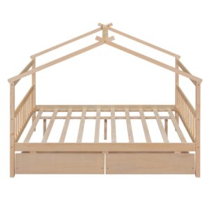 Full Size House Bed with 2 Storage Drawers Wooden Kids Montessori House Bed Frame Wood Playhouse Tent Bed for Girls Boys Teens, Natural