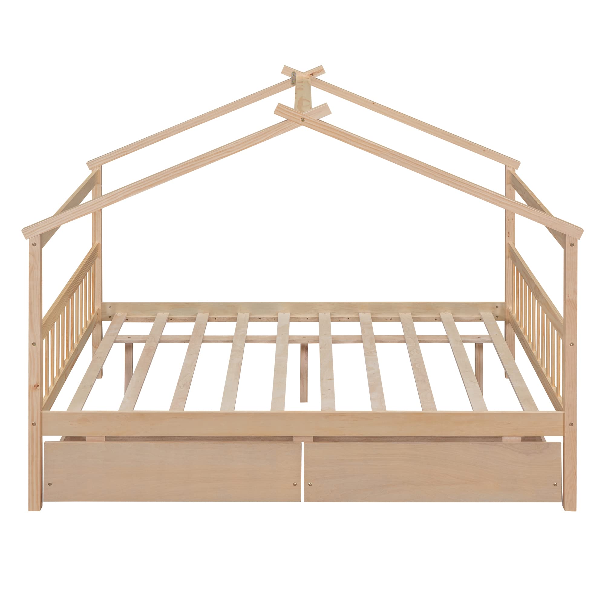 Full Size House Bed with 2 Storage Drawers Wooden Kids Montessori House Bed Frame Wood Playhouse Tent Bed for Girls Boys Teens, Natural