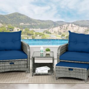 FYRICKYLINOO 5 Pieces Wicker Outdoor Patio Chairs Set with Ottoman, All Weather PE Rattan Patio Conversation Furniture Set Outdoor Furniture Set with Hidden Ottoman for Poolside Garden Balcony, Blue