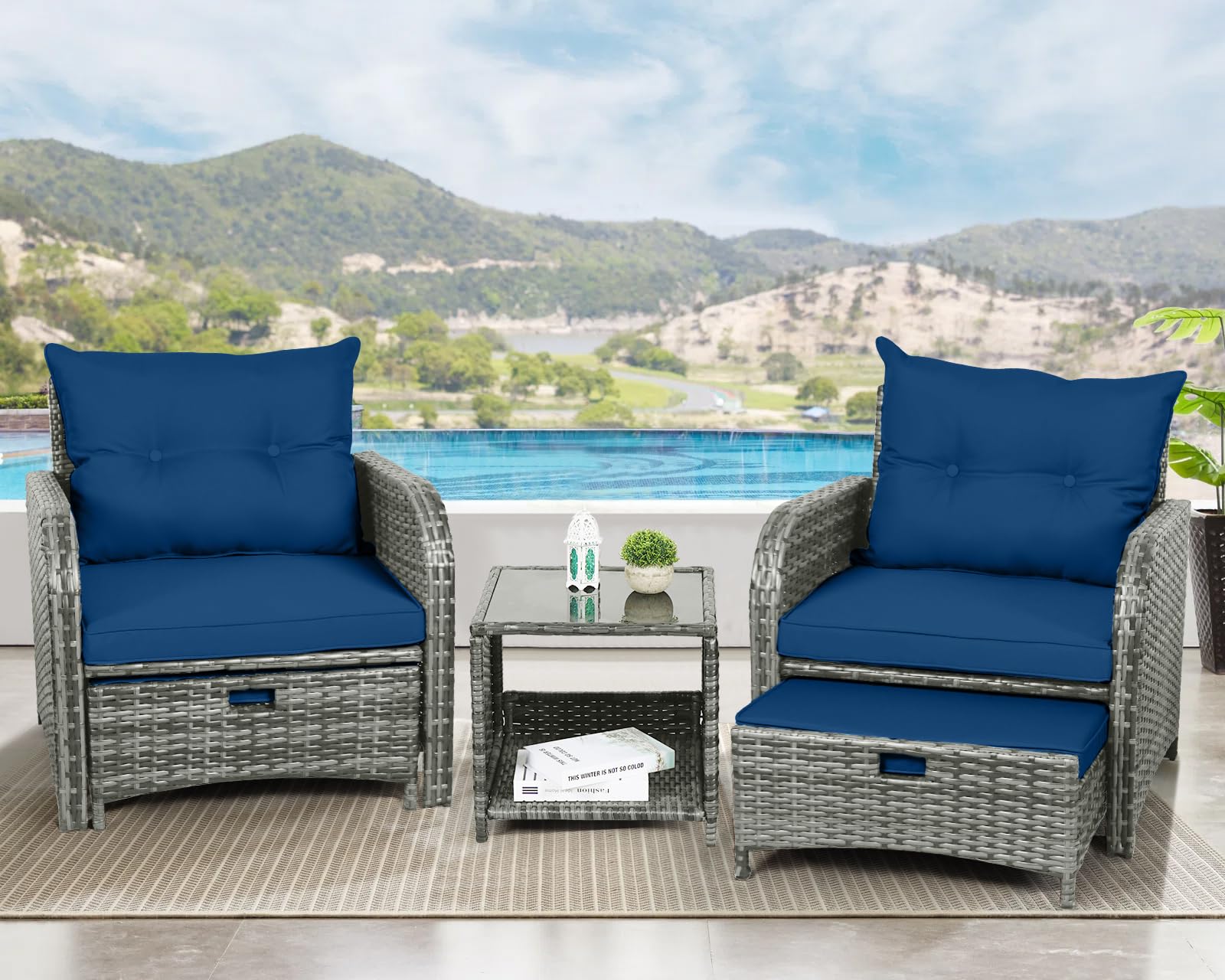 FYRICKYLINOO 5 Pieces Wicker Outdoor Patio Chairs Set with Ottoman, All Weather PE Rattan Patio Conversation Furniture Set Outdoor Furniture Set with Hidden Ottoman for Poolside Garden Balcony, Blue