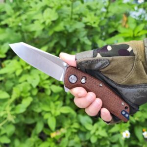 WIN+ Pocket Knife, Folding Knife with Button Lock and Axis Lock, Tactical Knives with Ball Bearing and Thumb Stud, D2 Small EDC Knife for Survival Camping, Ideal gift for Men and Women 3442 (B-Brown-Micarta)