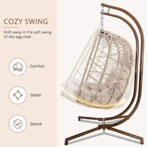 NICESOUL® Indoor Outdoor 2 Person Egg Chair Double Swing Chair with Stand Large Cream Wicker Patio Twins Basket Hanging Egg Chair with Cover 510lbs Capacity for Bedroom Balcony Oversized