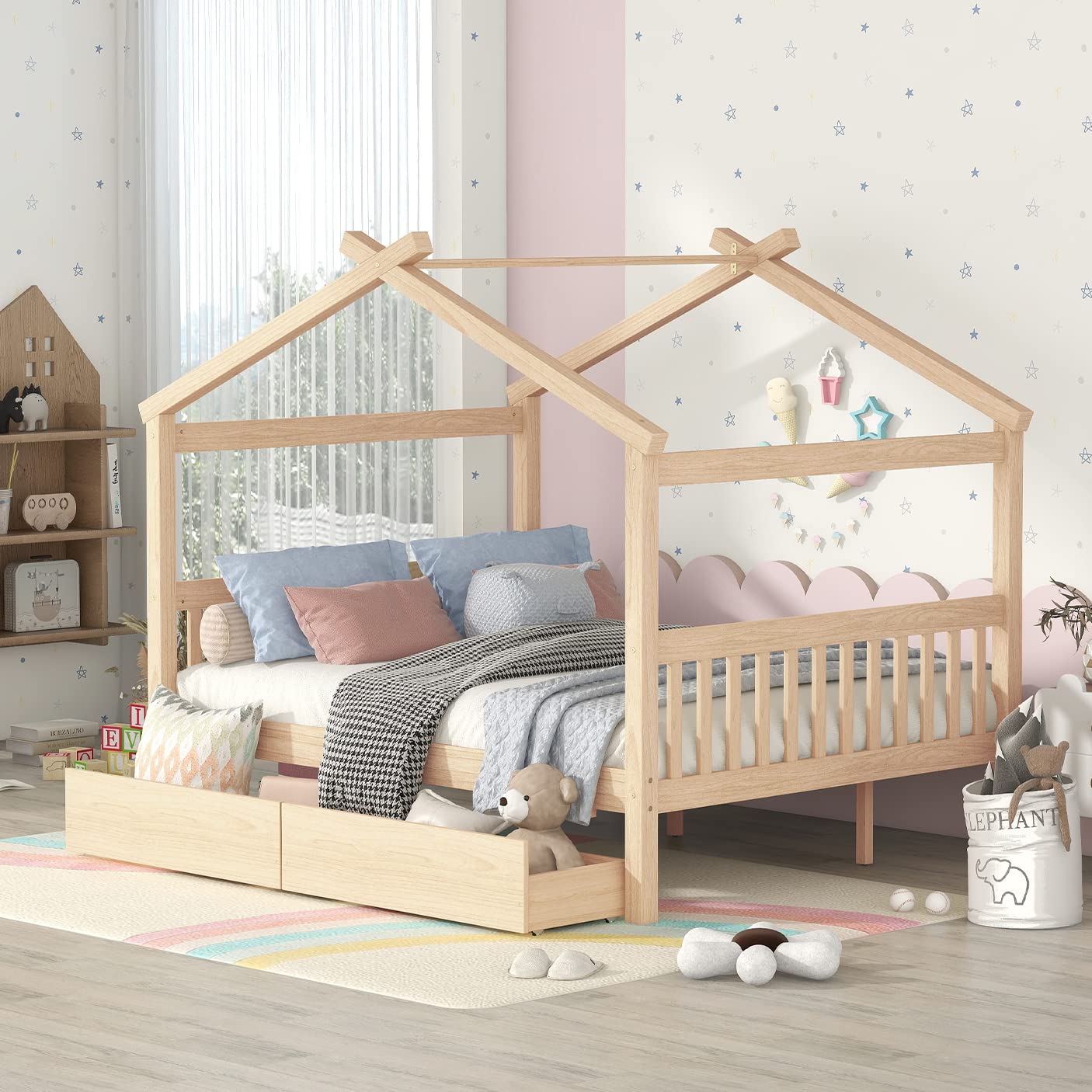 Full Size House Bed with 2 Storage Drawers Wooden Kids Montessori House Bed Frame Wood Playhouse Tent Bed for Girls Boys Teens, Natural