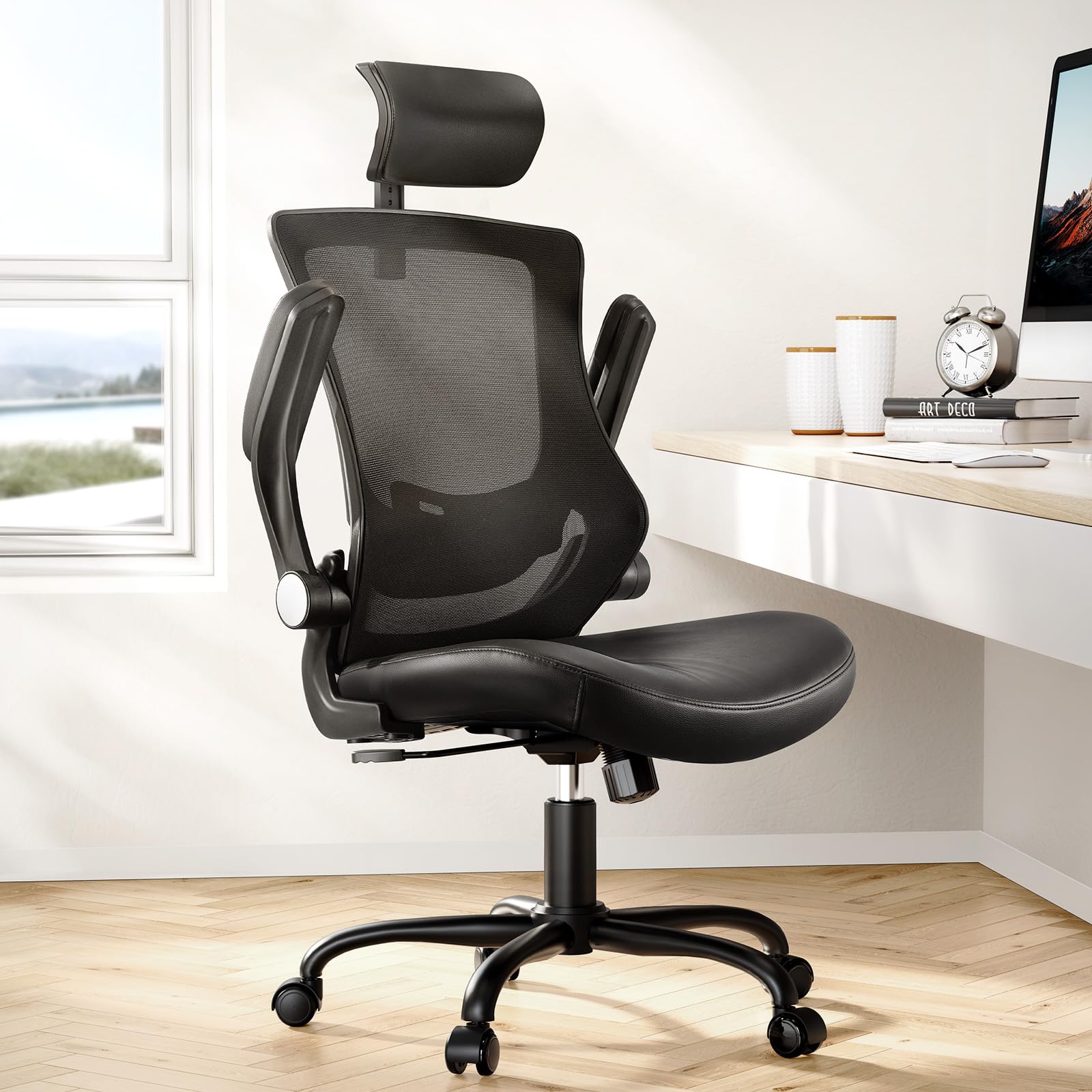 Marsail Office Chair Ergonomic Desk Chair, 360°Swivel Mesh Back Wide Computer Chair PU Leather Criss Cross Chair,Adjustable Lumbar Support & Flip-up Armrests,Adjustable Height Executive Task Chair