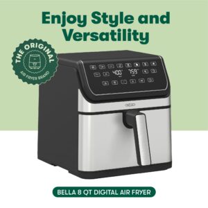 bella 8 Qt Digital Air Fryer with TurboCrisp Technology, Large Family Size Nonstick Cooking Basket and Crisping Tray, Multiple Preset Functions, Auto Shutoff, Stainless Steel, 1750 Watt