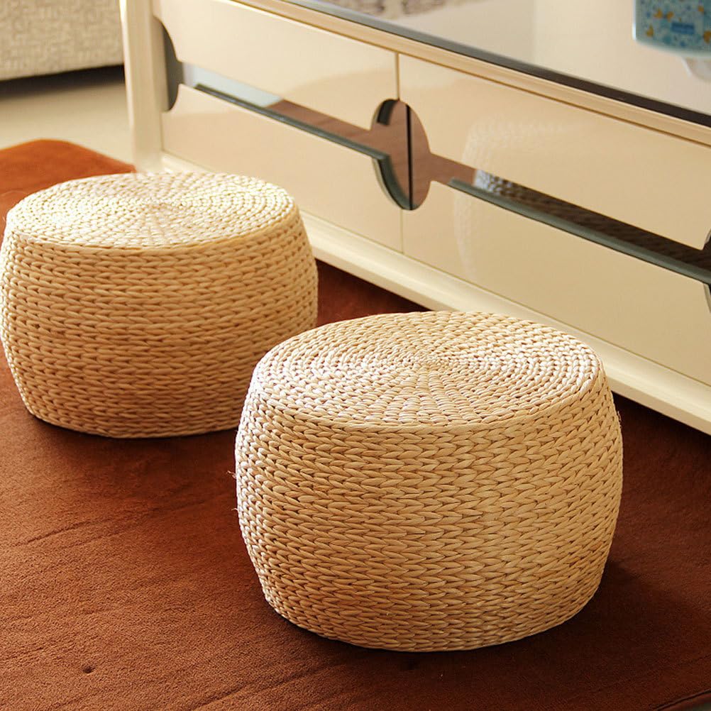 Baluue Round Pouf Ottoman 12.2" Patio Pouf Ottoman, Natural Jute Woven Boho Foot Rest Stool, Hand Woven Natural Seagrass Rattan Indoor Outdoor Patio Seat