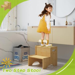 BMOSU Two Step Stool for Kids Bathroom Potty Stool Kitchen Stool Toddler with Handles Stool Dual Height for Bathroom Study Kitchen (Natural)