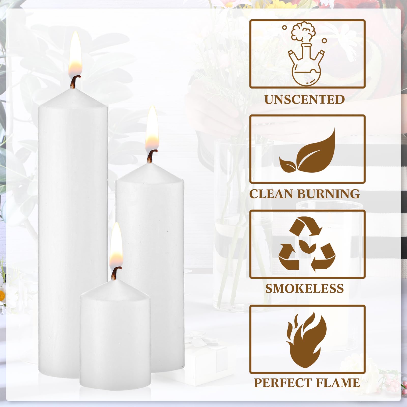 MTLEE 36 Pcs Pillar Candles Bulk Set of 3 Long Burning Wax Pillar Candles 2 in x 3, 6, 8 Inch Dripless Unscented Smokeless Candles for Wedding Party Spa Lantern Fireplace Home(White)