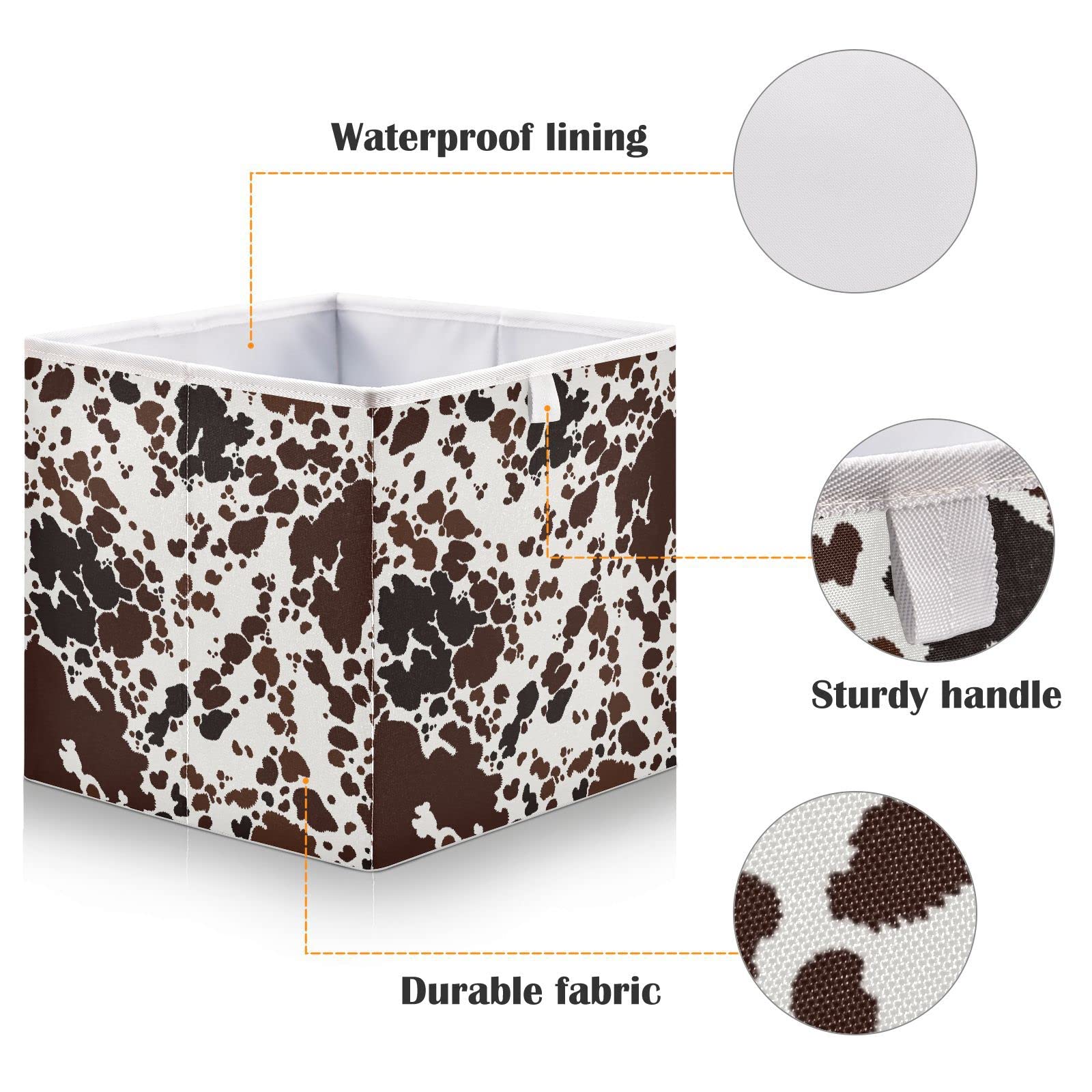 Burbuja Cow Skin Print Storage Cubes Fabric Storage Bins Foldable Closet Organizer Basket with Handle, 11x11x11 Cube