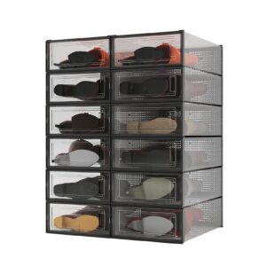 paranta 12-piece boot shoe storage box, stackable clear plastic shoe organizer with clear door for storing shoes, black 20.5" x 12.5" x 5.5"