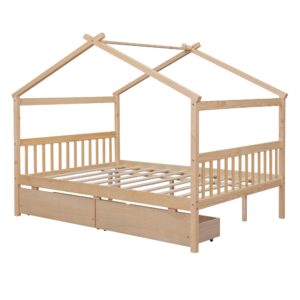 Full Size House Bed with 2 Storage Drawers Wooden Kids Montessori House Bed Frame Wood Playhouse Tent Bed for Girls Boys Teens, Natural