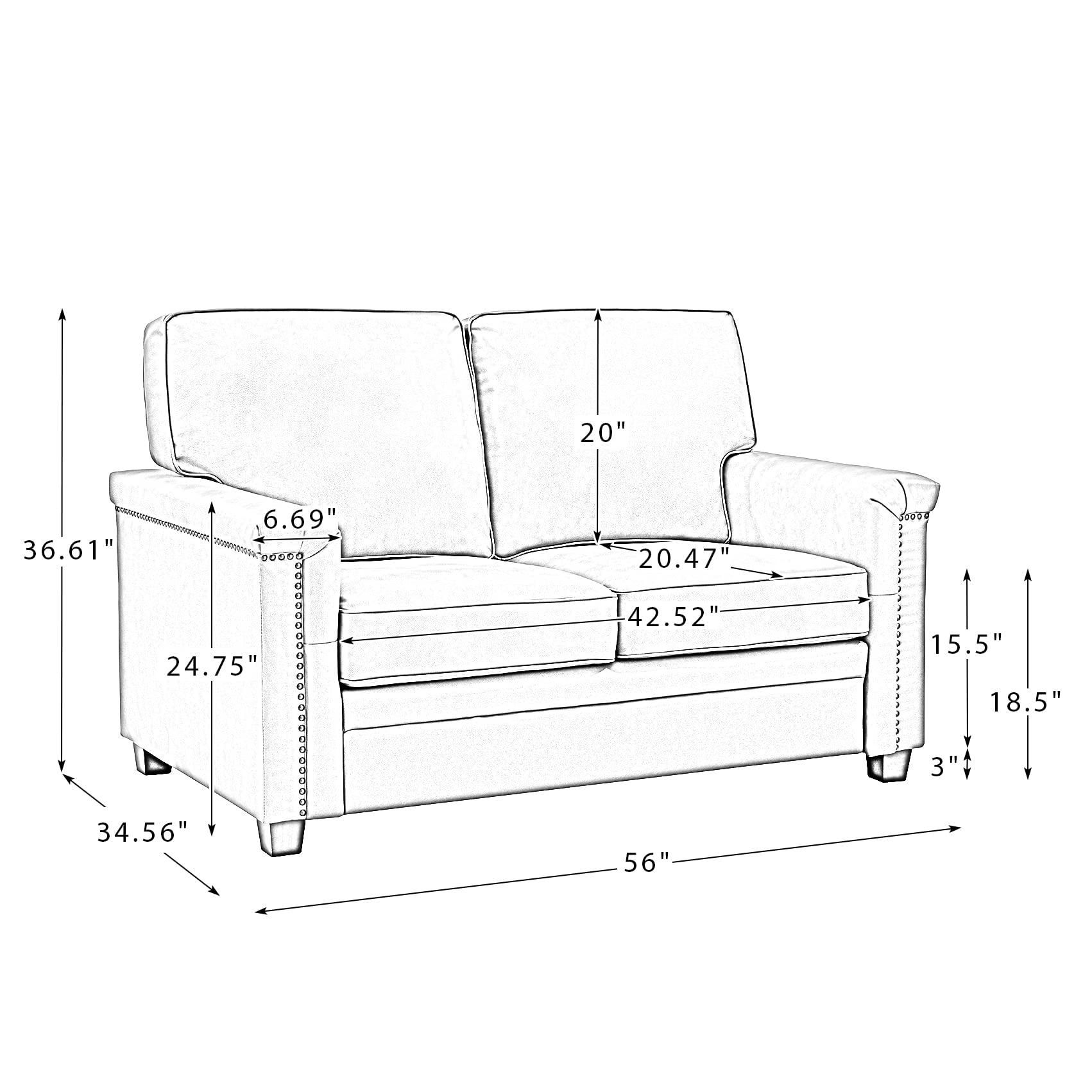 HULALA HOME 56" Genuine Leather Loveseat Sofa, Upholstered 2-Seater Couch with Nailhead Trim & Wooden Legs, Small Modern Love Seat for Living Room Bedroom Apartment Small Space, Black