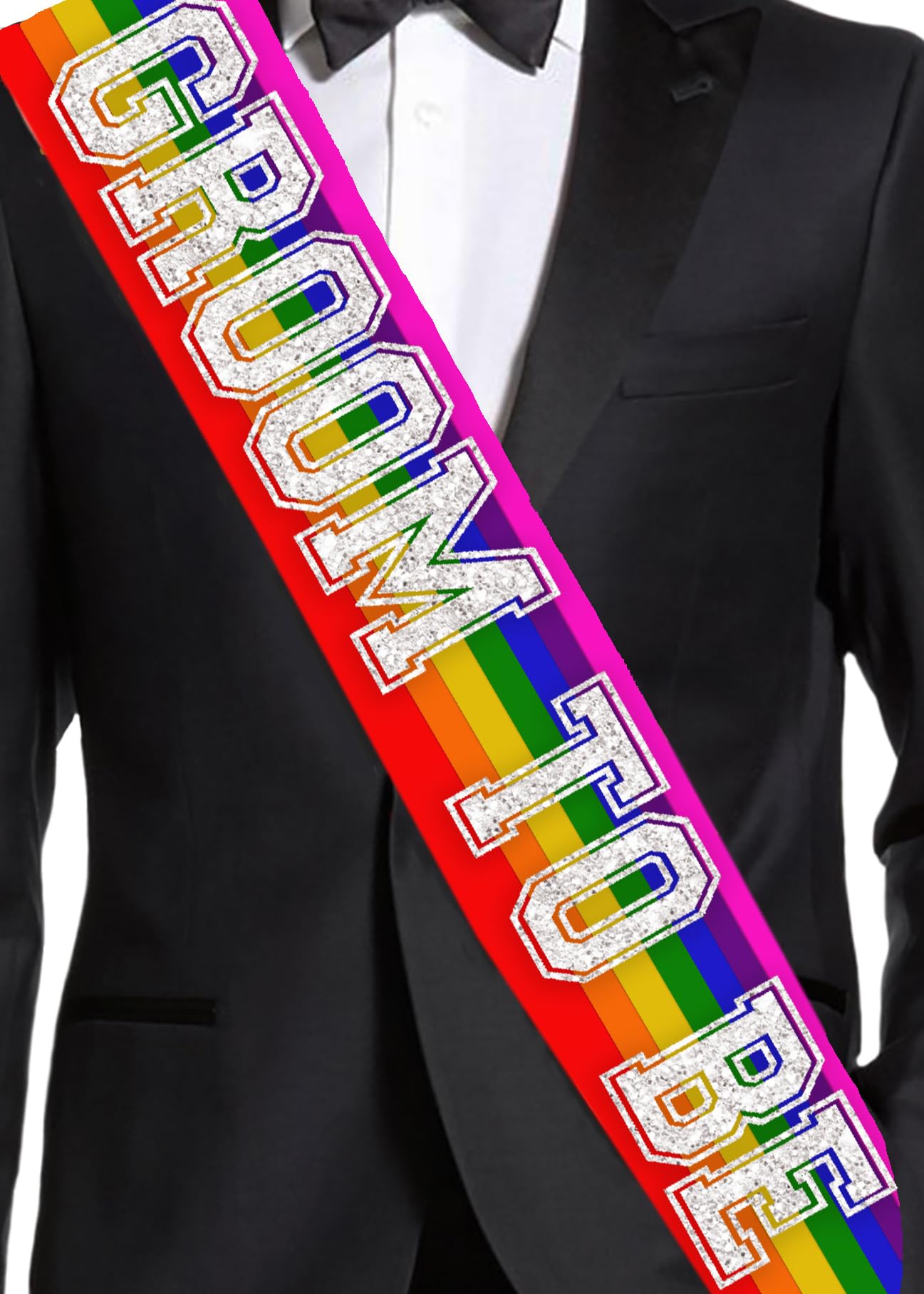 Gay Groom Bachelor Party Supplies - Silver Sparkle Sporty Groom To Be PREMIUM GRADE Rainbow Satin Sash - LQBTQ+ Pride Month Decorations - Rainbow Sash (GRM) RBW