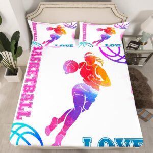 Basketball Lovers Kids Sheet Full Size,Modern Sports Games Competition Bedding Set,Girls Boys Adults Room Decor,Hand Painted Fashion Pink Purple Bed Sheet Set 4pcs(Fitted + Flat + 2 Pillowcases)