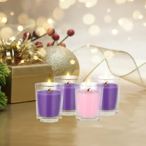 Mega Candles 4 pcs Unscented Christmas Advent Candles Set, Hand Poured Premium Wax Glass Container Votive Candle 2 Inch x 2.5 Inch, Holidays, Celebrations, Devotional, Church, Wreath, Party, Gifts