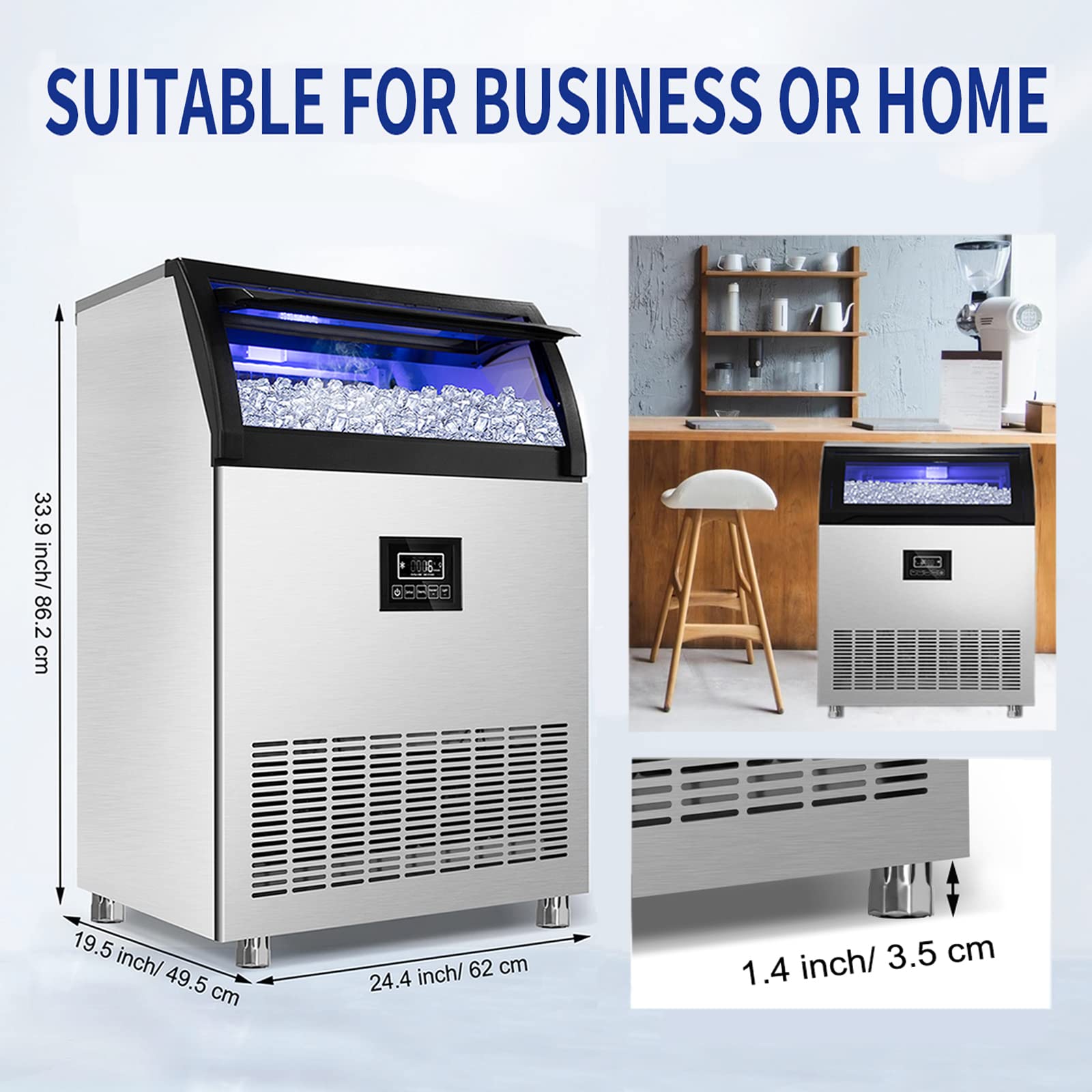 Commercial Ice Maker Machine 360LBS/24H with 77LBS Large Ice Storage Bin, 126Pcs Clear Ice Cubes in 11Mins, Stainless Steel Under Counter Industrial Ice Machine for Bar, Restaurant Business