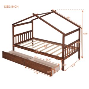 Twin Size House Bed with 2 Storage Drawers Wooden Kids Montessori House Bed Frame Wood Playhouse Tent Bed for Girls Boys Teens, Walnut