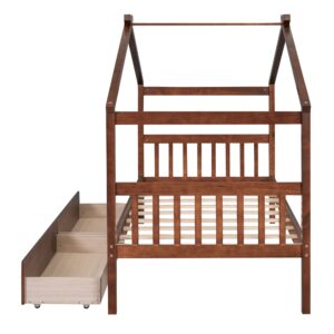 Twin Size House Bed with 2 Storage Drawers Wooden Kids Montessori House Bed Frame Wood Playhouse Tent Bed for Girls Boys Teens, Walnut