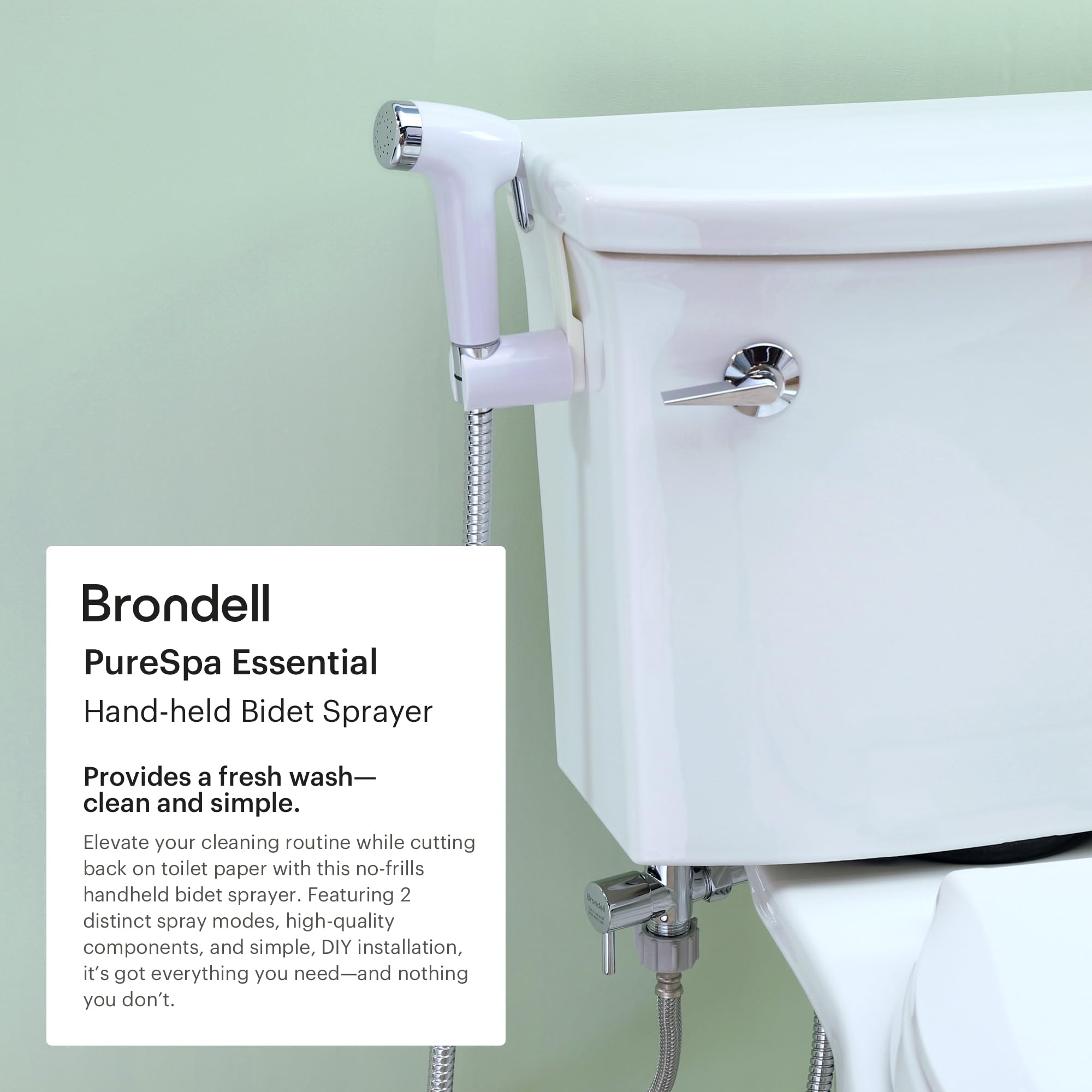 Brondell PS-91W PureSpa Essential Handheld Bidet Sprayer for Toilets, Includes Spiral Metal Hose and Holster, Ambient Temperature, White