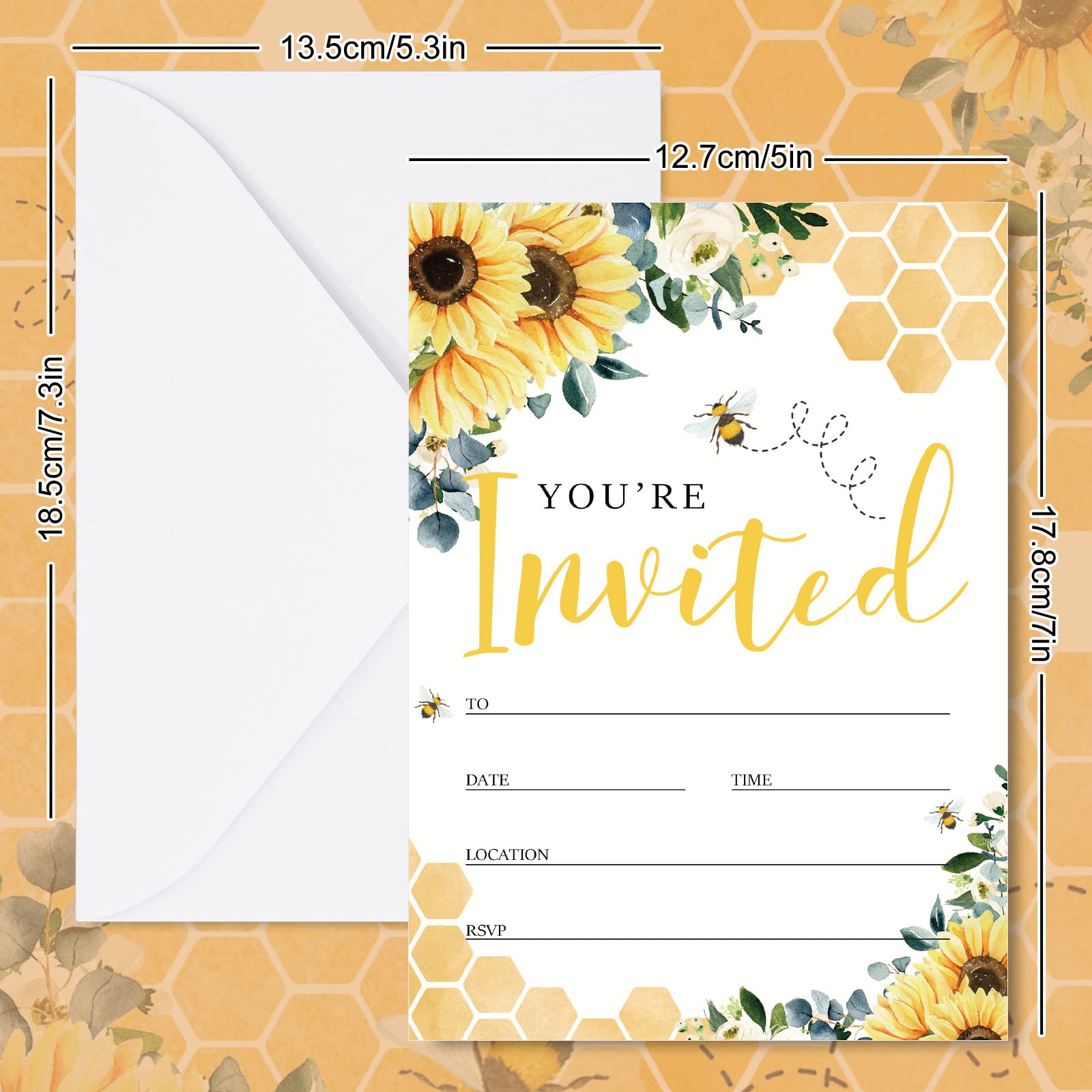 AnyDesign Sunflower Bee Party Invitations with Envelopes Stickers Watercolor Summer Flower Invitation Cards for Wedding Bridal Baby Shower Birthday Dinner Party Supplies, 20 Sets, 5 x 7 Inch