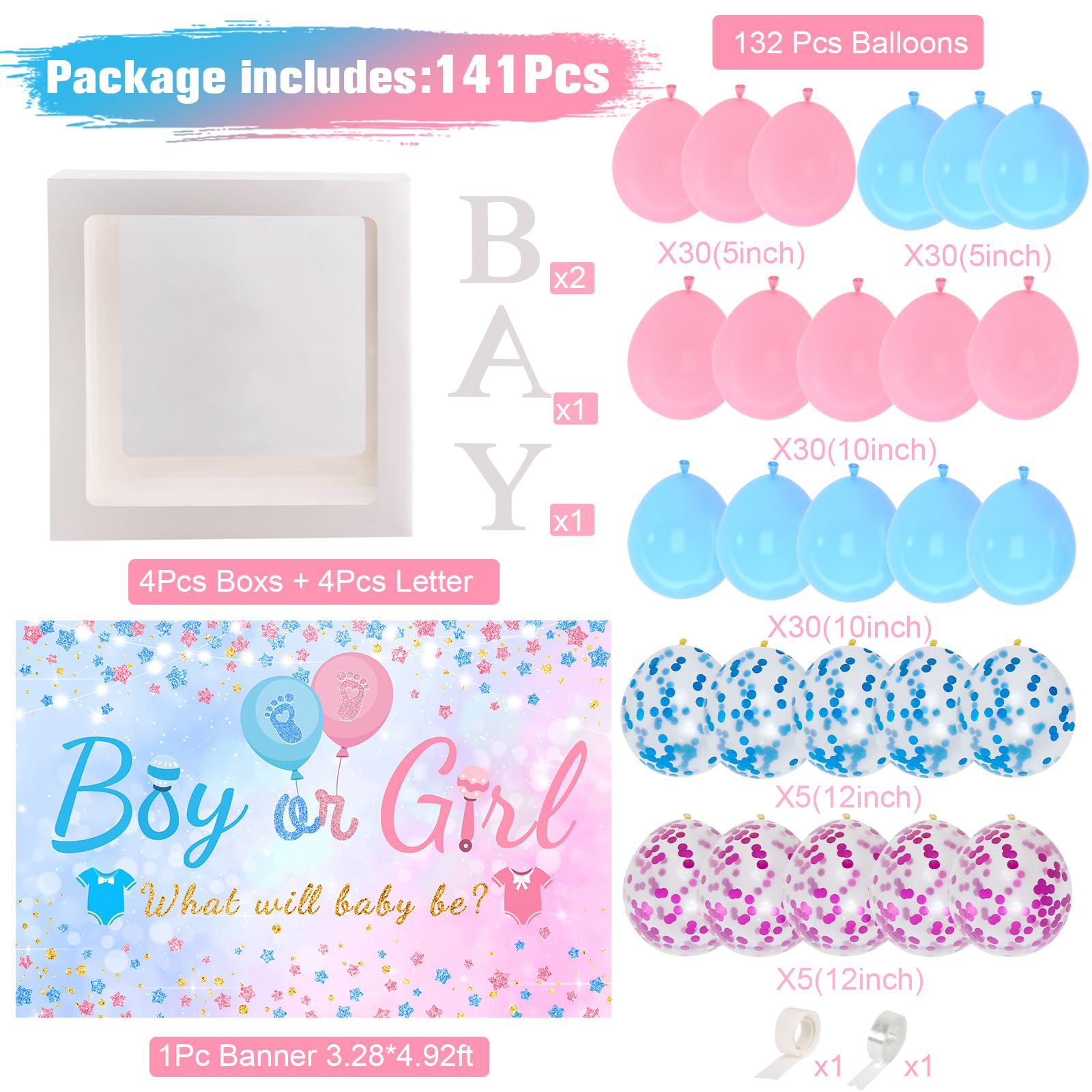 Gender Reveal Baby Balloon Boxes Decorations, Pink Blue Balloon Arch Garland Kits With 4pcs Baby Boxes, Gender Reveal Backdrop for Baby Shower,Boy or Girl gender Reveal Party Supplies(141pcs)