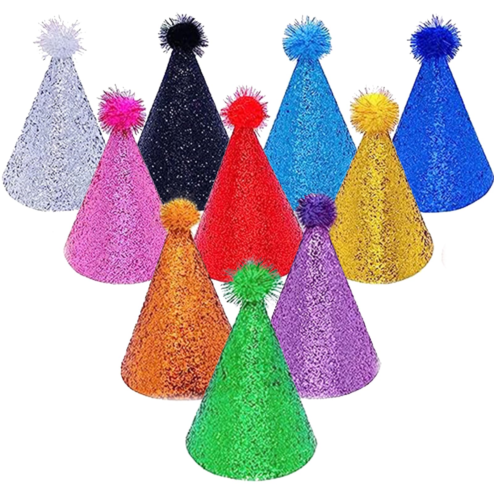 Pai Sence Glitter Pom-pom Party Hats - 10 Pcs Large Adjustable Cone Hats for Kids & Adults, Reusable Birthday Supplies & Decorations