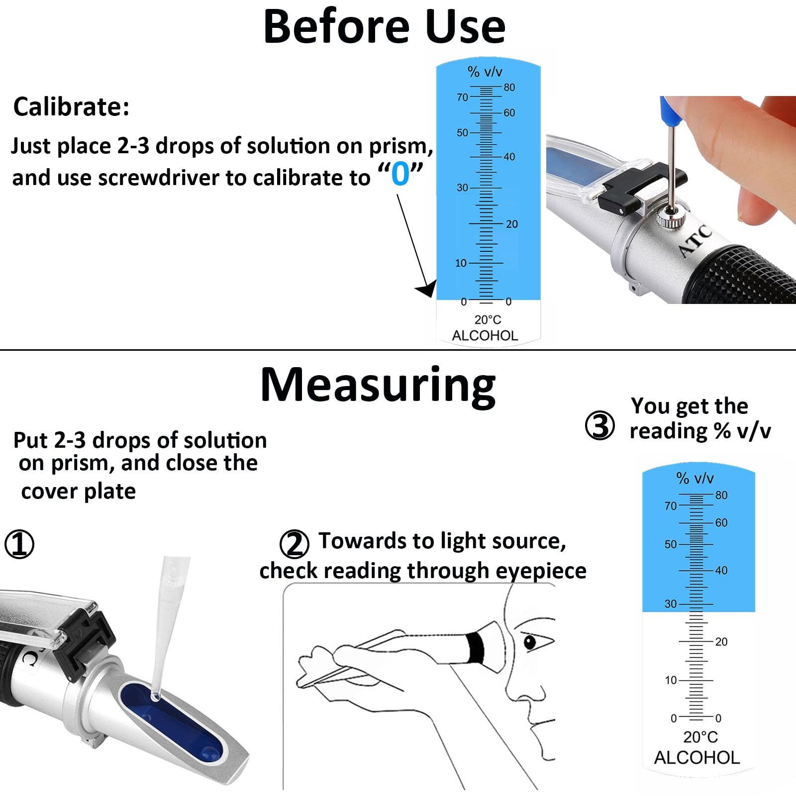 Alcohol Refractometer of 0~80% v/v Volume Percent Scale Range, Alcohol Refractometer for Spirit Alcohol Volume Percent Measuring in Alcohol Liquor Production, Distilled Beverages