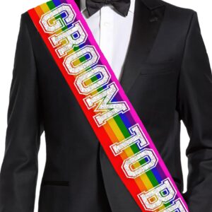 Gay Groom Bachelor Party Supplies - Silver Sparkle Sporty Groom To Be PREMIUM GRADE Rainbow Satin Sash - LQBTQ+ Pride Month Decorations - Rainbow Sash (GRM) RBW