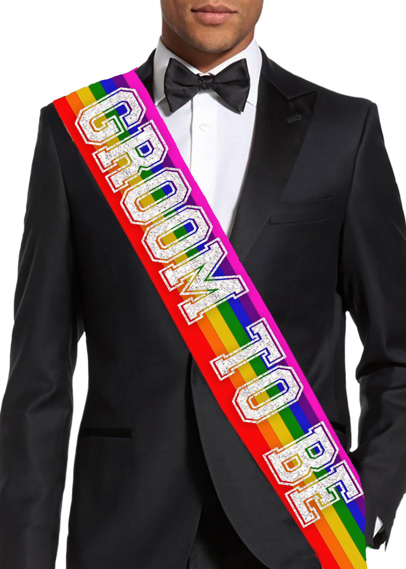 Gay Groom Bachelor Party Supplies - Silver Sparkle Sporty Groom To Be PREMIUM GRADE Rainbow Satin Sash - LQBTQ+ Pride Month Decorations - Rainbow Sash (GRM) RBW