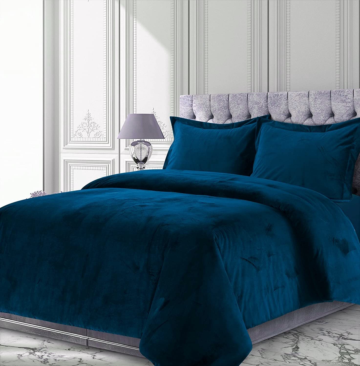 Luxurious Velvet Duvet Cover Turquoise Blue Oversized King Size 3 pcs Ultra Soft Plush Duvet Cover Set, Warm Cozy Flannel Breathable Solid Luxury Duvet Cover Zipper Closure Corner Tie