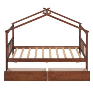 Twin Size House Bed with 2 Storage Drawers Wooden Kids Montessori House Bed Frame Wood Playhouse Tent Bed for Girls Boys Teens, Walnut