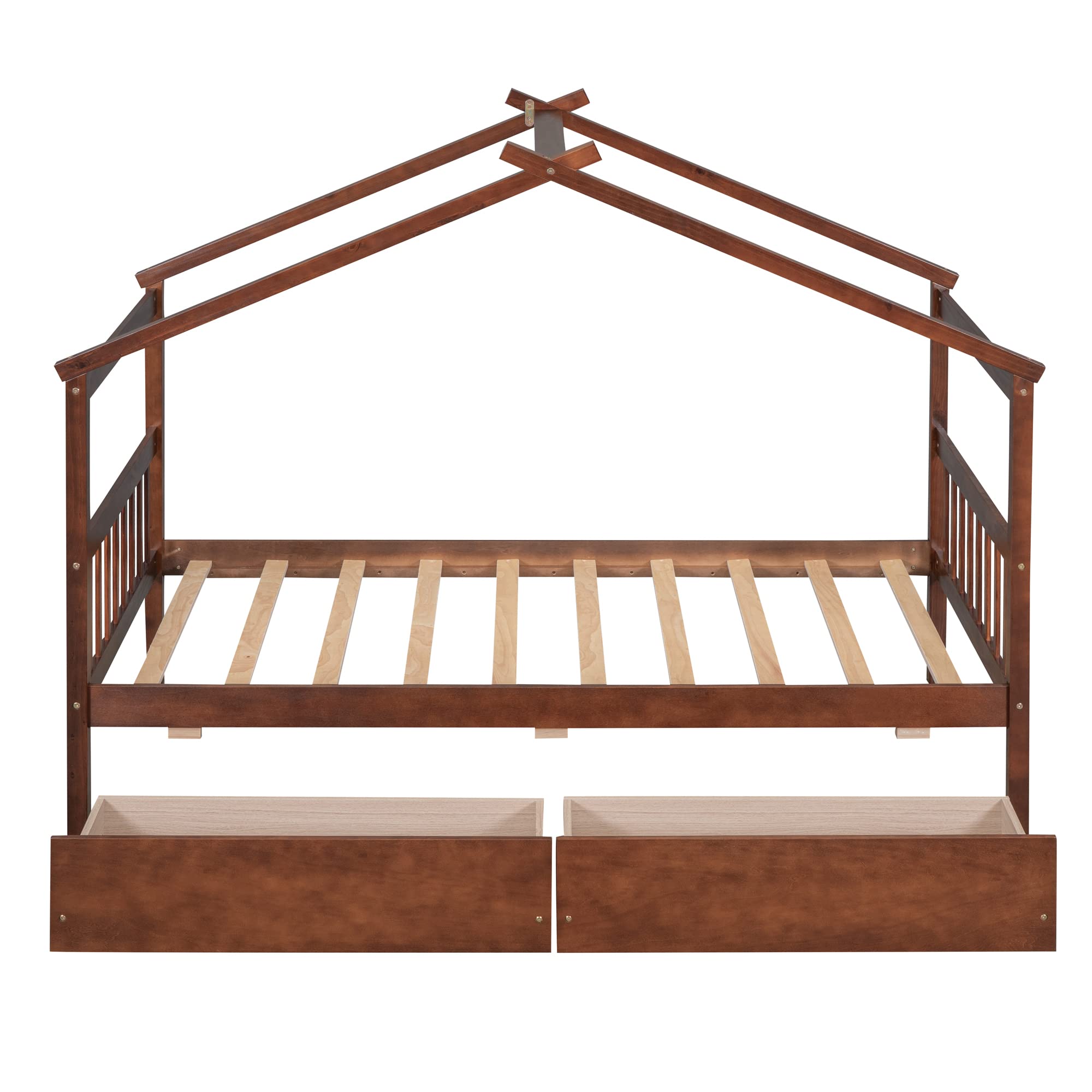 Twin Size House Bed with 2 Storage Drawers Wooden Kids Montessori House Bed Frame Wood Playhouse Tent Bed for Girls Boys Teens, Walnut